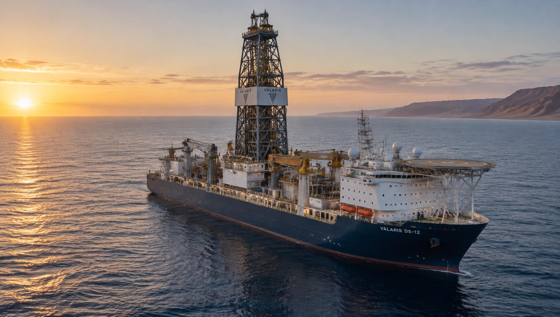 A deepwater drillship at work offshore at dawn